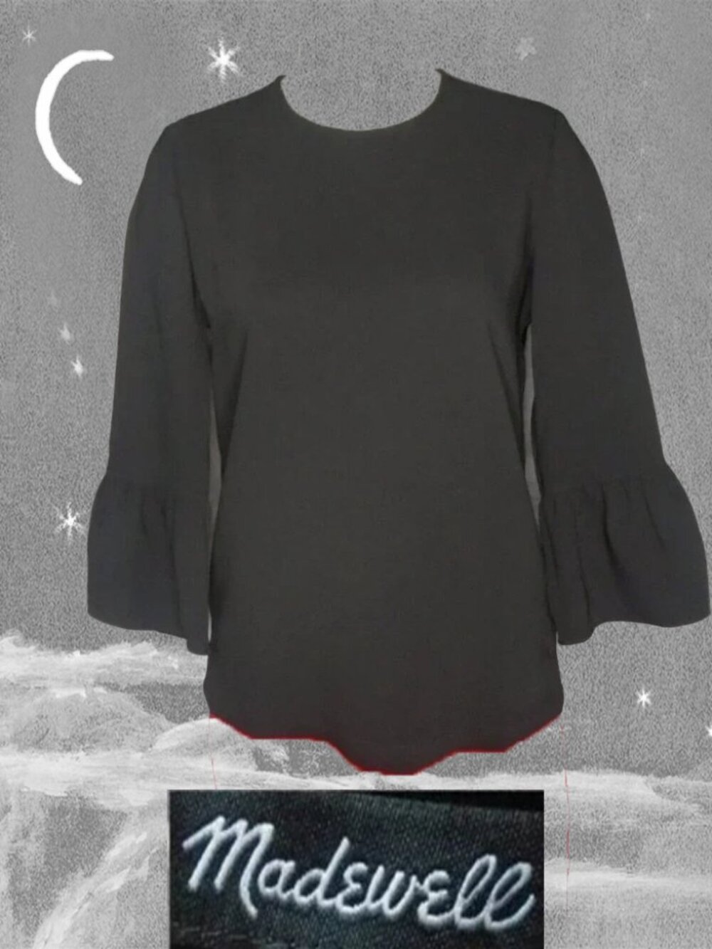Black Blouse Madewell, with 3/4 Ruffle Bell Sleeves ~~XS